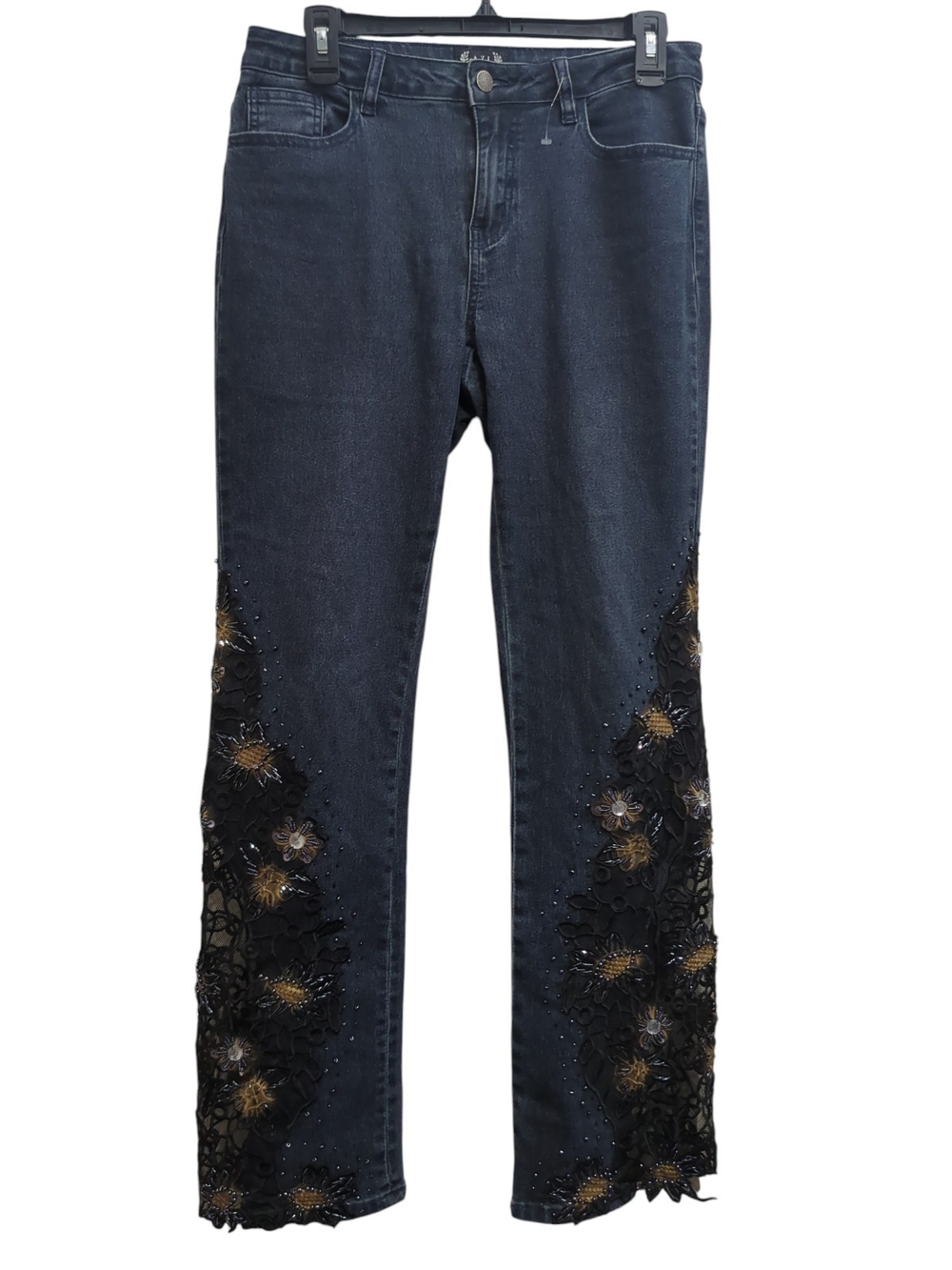 A.Z.I. New York Embellished Floral Lace Bootcut Jeans Size 8 Boho Glam Festival